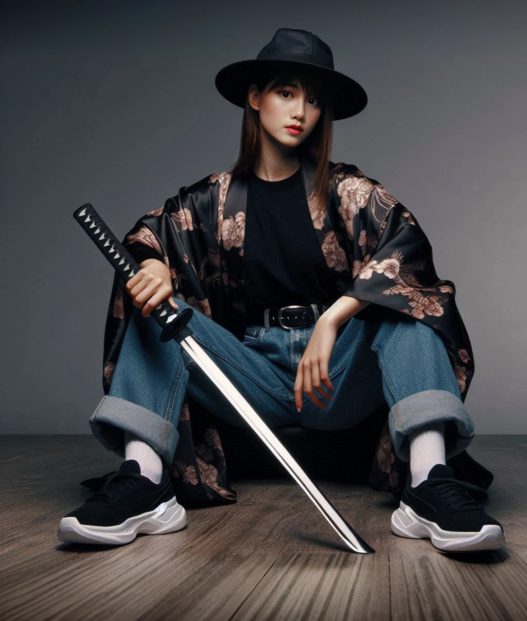 fullbody, Natural photography of yakuza woman wearing a kimono, black t-shirt, baseball cap, blue jeans, shirt, holding a katana, face facing the camera. running,Highly detailed, detailed, 32K high resolution