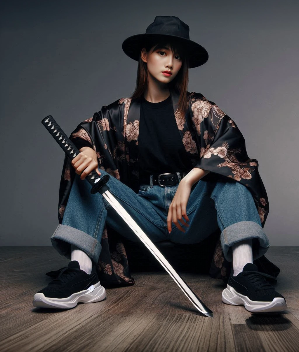 fullbody, Natural photography of yakuza woman wearing a kimono, black t-shirt, baseball cap, blue jeans, shirt, holding a katana, face facing the camera. running,Highly detailed, detailed, 32K high resolution
