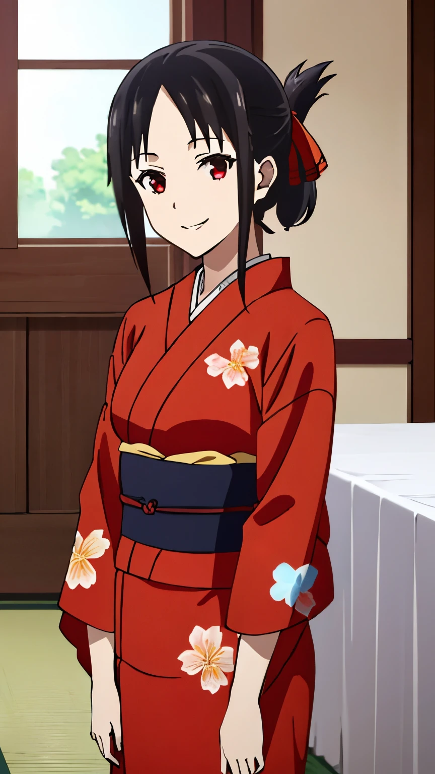 (best quality, masterpiece, 8k:1.2), detailed,
shinomiya kaguya,1girl, solo, black hair, red eyes, short hair, folded ponytail, red hair ribbon, (Japanese clothing, red kimono, long sleeves, floral print, sash, indoors, smiling),
looking at the viewer, medium breasts, dynamic Angle, 