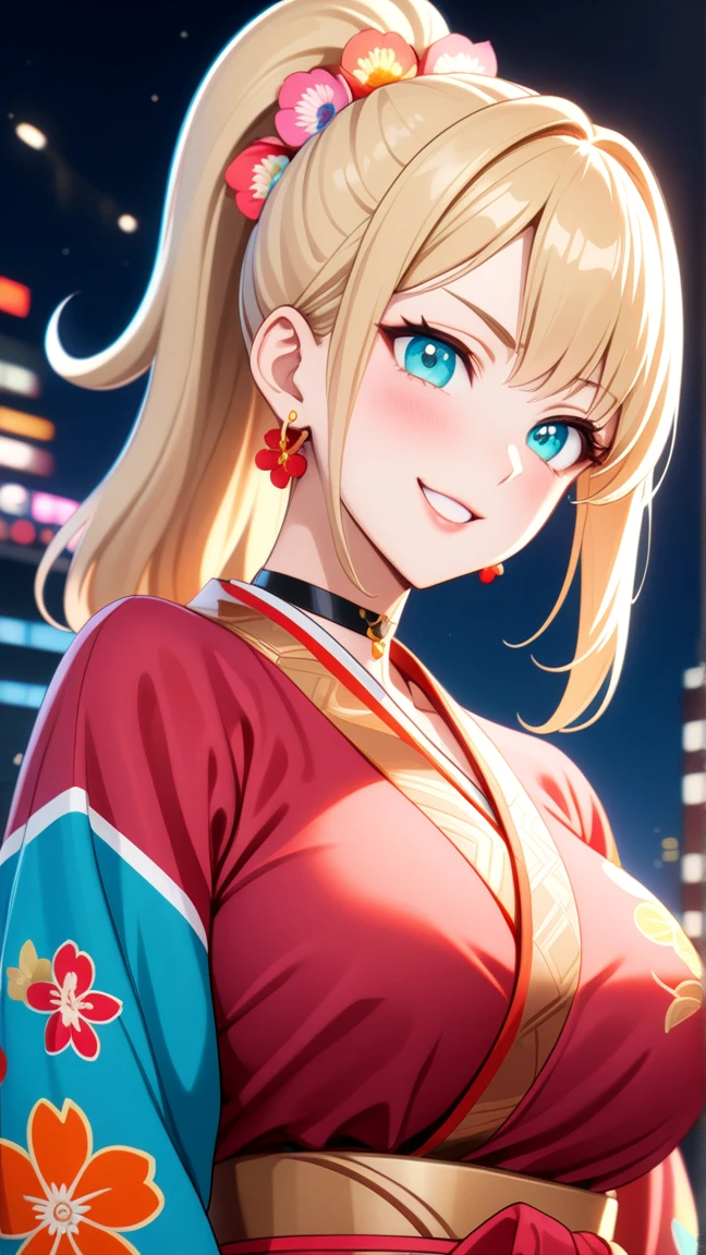((One person woman)), Beautiful Face, ((Laughing embarrassedly)), (laugh),((wink:1.7)),(peace sign),  (head tilt), Laugh with your mouth wide open,((Bright red cheeks:1.4)),Shiny red lips,night,Yokohama night view,You can see the ocean, firework,Laughing with your mouth open,Glossy pink lips,Facial lighting,((Anime style background)),masterpiece, Highest quality, so beautiful,up to date, complex details, (Pink long nails),(ring),(bracelet),(choker),AI-generated, complex,High resolution, Highest quality, super high quality,3D Images、3D Images,one person,Long blonde hair,High Ponytail,(turquoise blue eyes),Anime woman posing for a photo, ((Fine grain、Colorful eyes、Shining Eyes:1.3)),(Squint your eyes:1.1),a hyperRealistic , hyperRealistic , Realistic,Anime woman with long white hair, Smooth anime CG art, A woman in a colorful kimono with gold embroidery, (Pink long sleeve kimono),Red floral pattern,Long flower hair ornament,Earrings,Mature Body,(Big Breasts:1.1),Tall,Abdominal muscles,Tight waist,(Zoom up to face:1.5),(front view),