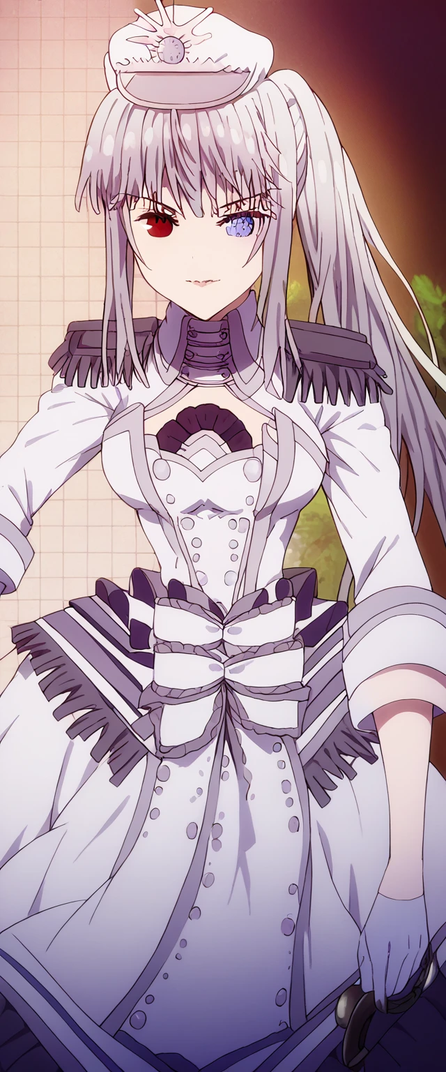 check_9, check_8_up, check_7_up, source_Anime,
The White Queen, The White Queen, long hair, bang, ponytail, White hair, heterochromia, Red eyes, Blue eyes,
gloves, long sleeves, It has, dress, a gift, frill, white gloves, white dress, white headdress, shoulder straps, half gloves,
in room, Class, Older, smile,
One, Dutch corner, Looking at the viewer, cowboy shot,