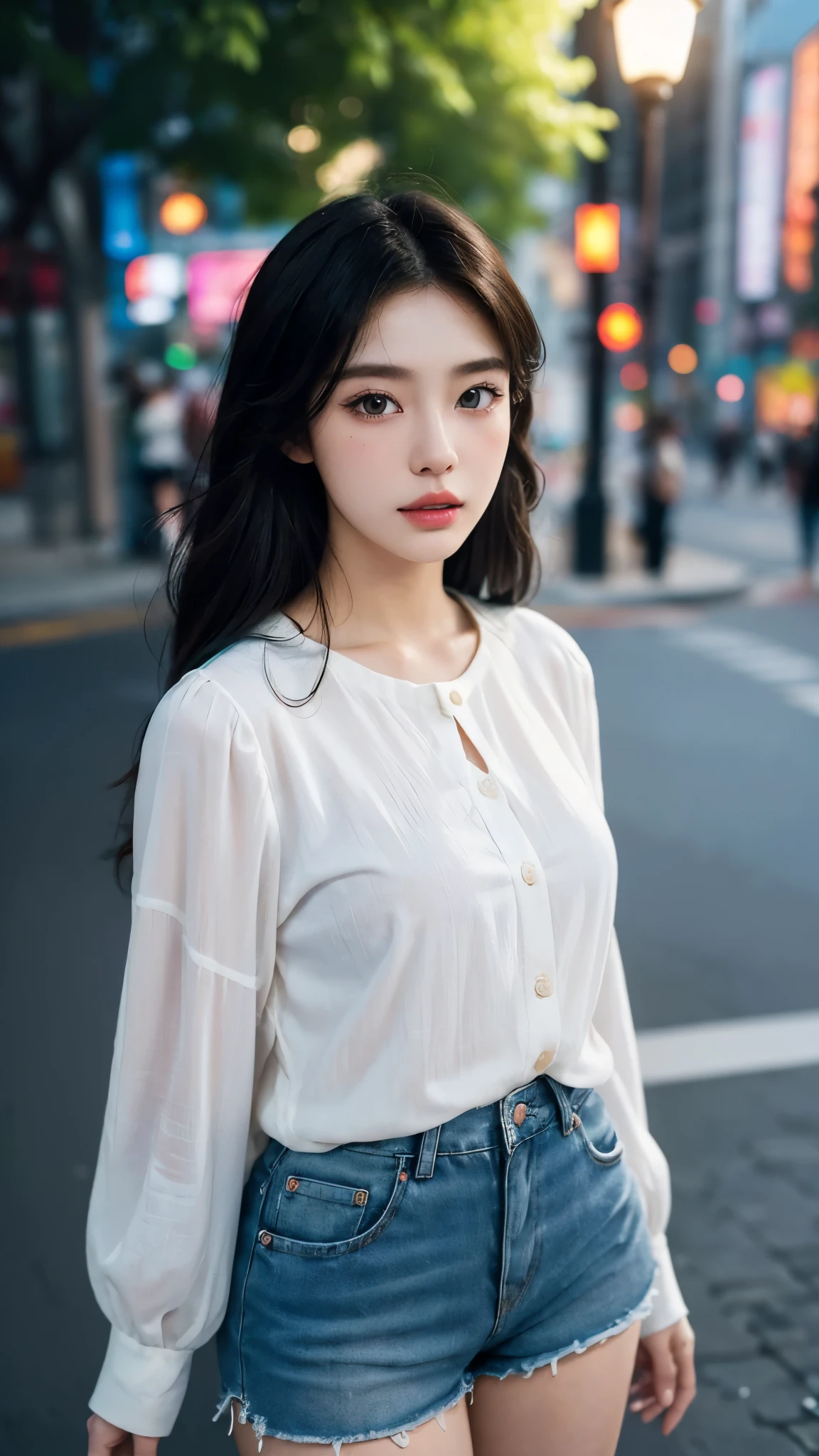 (best quality,16,000,high resolution,masterpiece:1.2),very detailed,(realistic,realistic,realistic:1.37),Korean Fashion Beauty,Japanese and Korean beauties,Cute and innocent,Eyes and face are detailed,beautiful and delicate lips,white teeth,long eyelashes,slime,The clothes are fashionable,shorts short skirts,plump upper circumference,big bust,split,(Beloved,attractive:1.1),colorful street background,stylish clothes and accessories,The texture of the clothes is soft,portrait style photography,vivid colors,Street lamp.