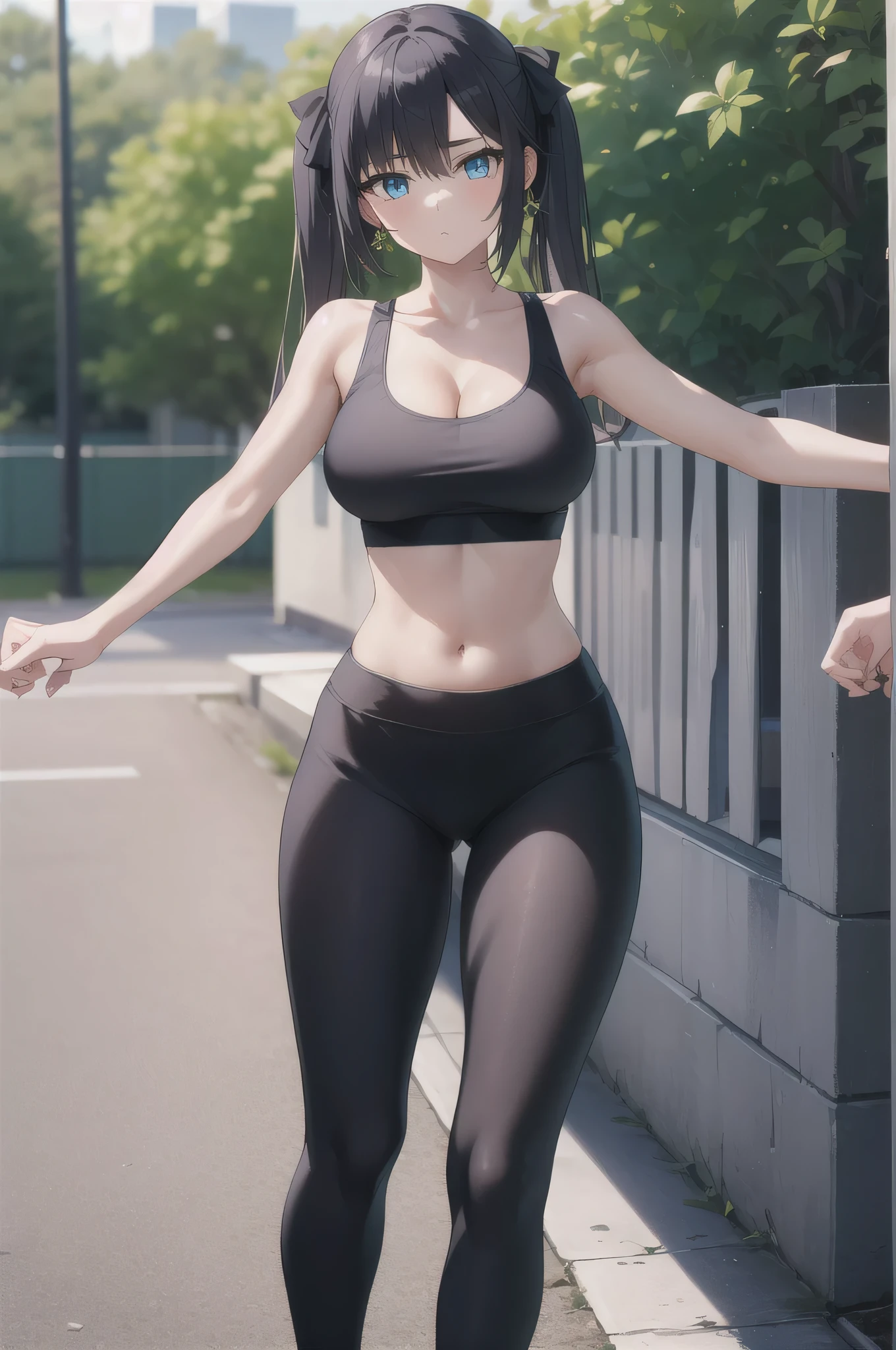 1girl、Monamegistuona、solo、blue eyes、Hair between the eyes、Twin tails、hair bow、Very long hair、Purple Hair、Big Breasts、(Large Breasts:1.2)、Earrings、Green sports bra、Black yoga pants、cleavage、naval、collarbone、midriff、High heels、sports bra with an green、yoga pants with an black、Long Hair、sports bra and yoga pants only、BREAK outdoors、city、BREAK looking at viewer、BREAK (masterpiece:1.2)、Highest quality、High resolution、unity 8k wallpaper、(figure:0.8)、(Beautiful attention to detail:1.6)、Highly detailed face、Perfect lighting、Highly detailed CG、(Perfect hands, Perfect Anatomy)、Are standing