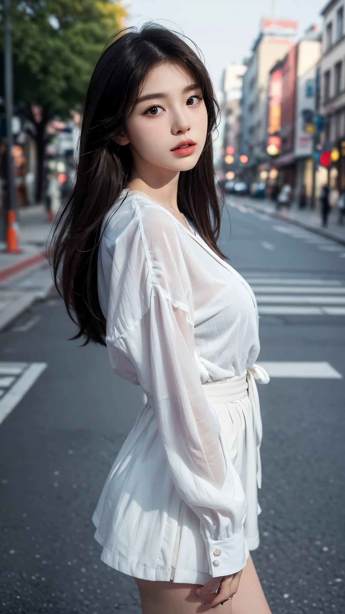 (best quality,16,000,high resolution,masterpiece:1.2),very detailed,(realistic,realistic,realistic:1.37),Korean Fashion Beauty,Japanese and Korean beauties,Cute and innocent,Eyes and face are detailed,beautiful and delicate lips,white teeth,long eyelashes,slime,The clothes are fashionable,shorts short skirts,plump upper circumference,big bust,split,(Beloved,attractive:1.1),colorful street background,stylish clothes and accessories,The texture of the clothes is soft,portrait style photography,vivid colors,Street lamp.