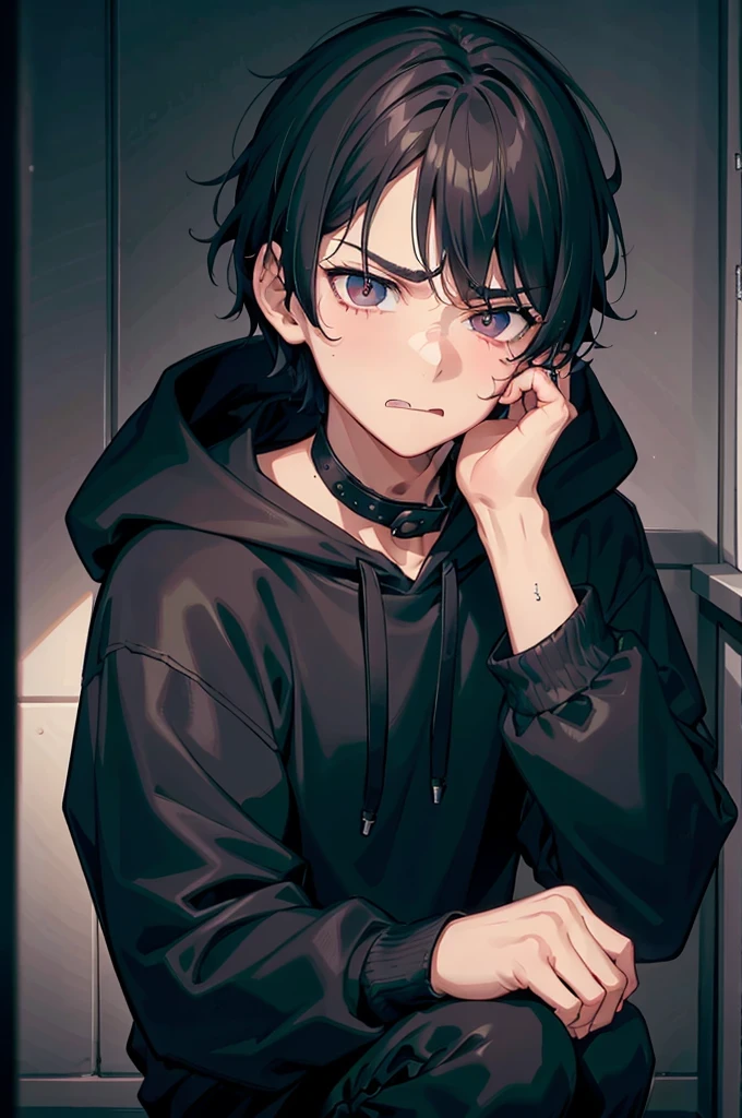gloomy atmosphere, realisting, 4K resolution, HDR enhancement, a teenage boy, cute face, black hair, black eye, grumpy face, nervous look, defiant but sad eyes, narrowing eyes sticking out his tongue, wears a black hoodie, in a room, crouching on a fluorescent gaming chair with cheekbones, Mischievous, sad, dark mood.