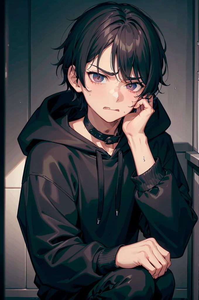 gloomy atmosphere, realisting, 4K resolution, HDR enhancement, a teenage boy, cute face, black hair, black eye, grumpy face, nervous look, defiant but sad eyes, narrowing eyes sticking out his tongue, wears a black hoodie, in a room, crouching on a fluorescent gaming chair with cheekbones, Mischievous, sad, dark mood.