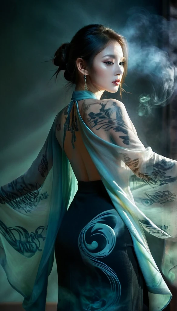 Double Exposure Style,Volumetric Lighting,a girl (Supermodel) with Wrap top,arching her back, beautiful tattoo, Traditional Attire,Artistic Calligraphy and Ink,light depth,dramatic atmospheric lighting,Volumetric Lighting,double image ghost effect,image combination,double exposure style,