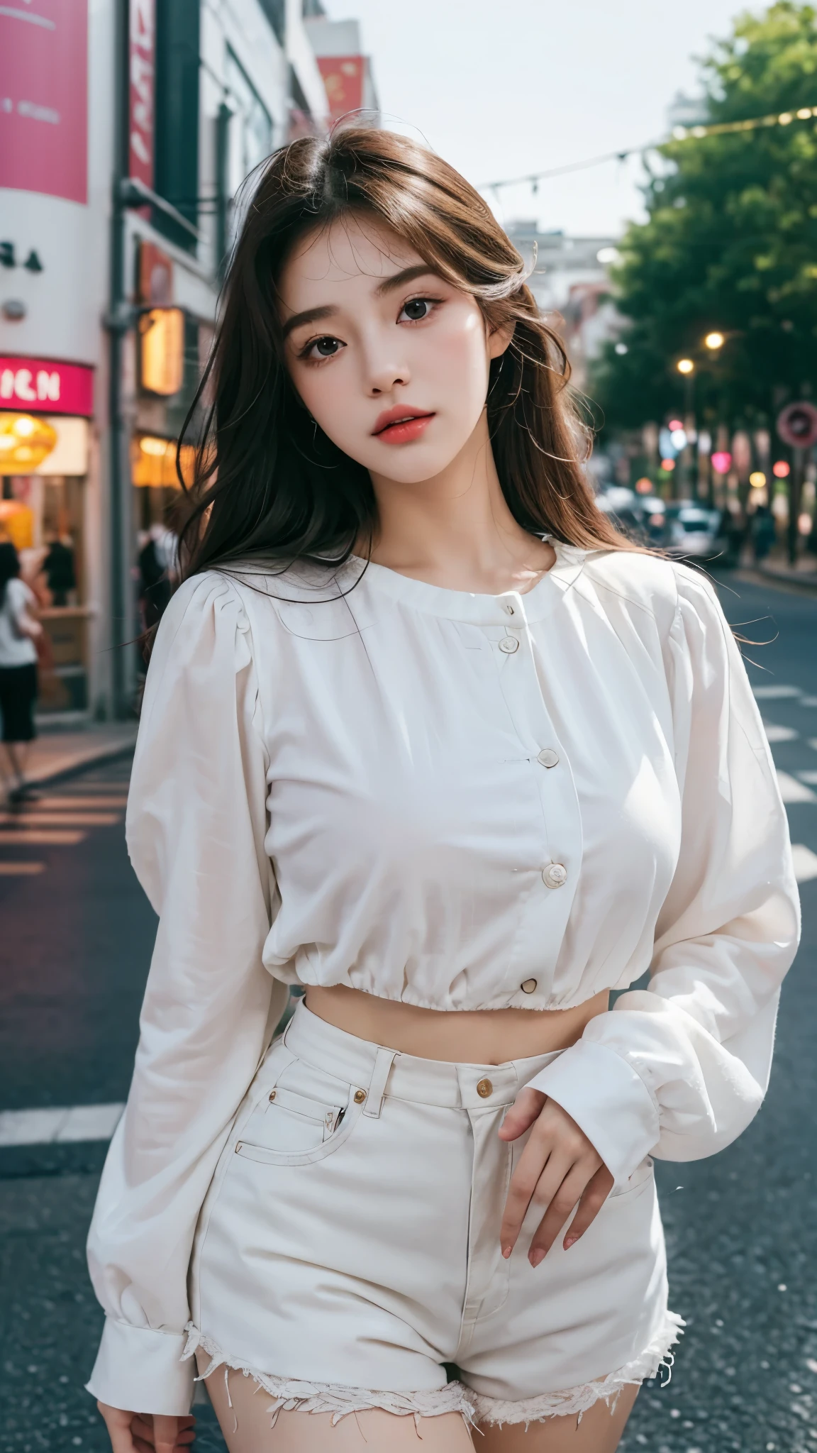 (best quality,16,000,high resolution,masterpiece:1.2),very detailed,(realistic,realistic,realistic:1.37),Korean Fashion Beauty,Japanese and Korean beauties,Cute and innocent,Eyes and face are detailed,beautiful and delicate lips,white teeth,long eyelashes,slime,The clothes are fashionable,shorts short skirts,plump upper circumference,big bust,split,(Beloved,attractive:1.1),colorful street background,stylish clothes and accessories,The texture of the clothes is soft,portrait style photography,vivid colors,Street lamp.