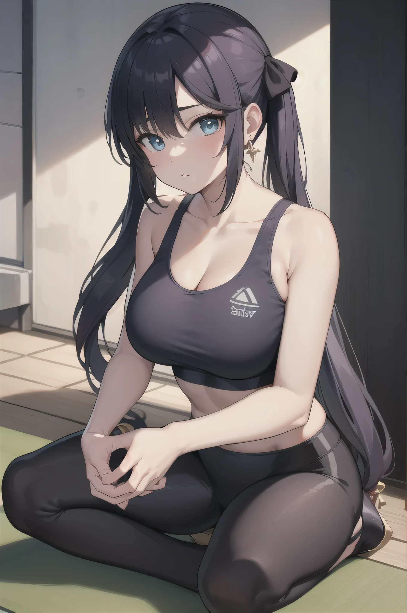 Monamegistuona、solo、blue eyes、Hair between the eyes、Twin tails、hair bow、Very long hair、Purple Hair、Big Breasts、(Large Breasts:1.2)、Earrings、Green sports bra、Black yoga pants、cleavage、naval、collarbone、midriff、High heels、sports bra with an green、yoga pants with an black、Long Hair、sports bra and yoga pants only、BREAK outdoors、city、BREAK looking at viewer、BREAK (masterpiece:1.2)、Highest quality、High resolution、unity 8k wallpaper、(figure:0.8)、(Beautiful attention to detail:1.6)、Highly detailed face、Perfect lighting、Highly detailed CG、(Perfect hands, Perfect Anatomy)、