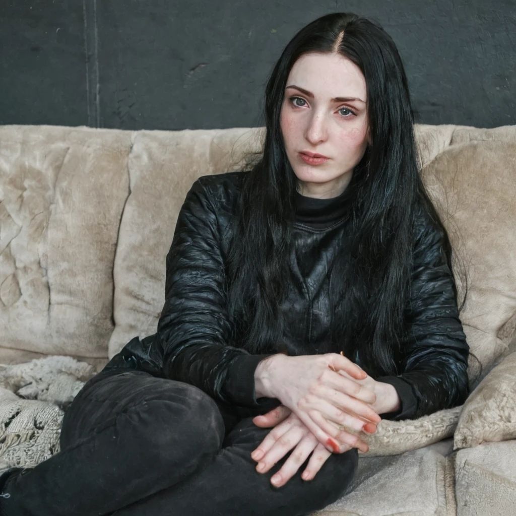 braided black hair pale skin kurdish girl sitting at sofa