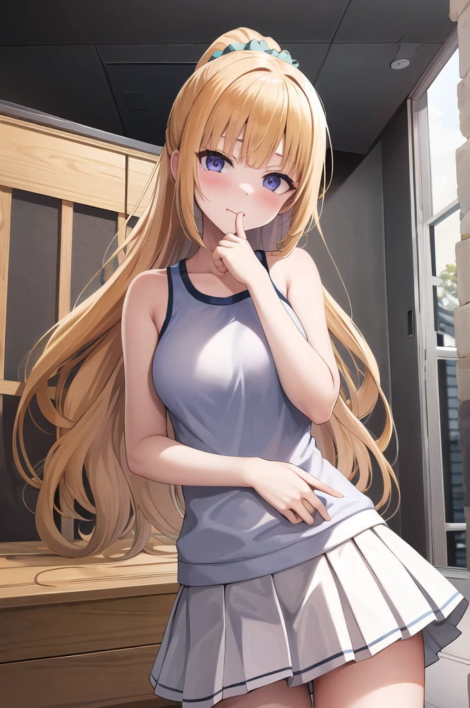 masterpiece, Highest quality, High resolution, bbkei, Long Hair,Yellow Hair, ponytail, Hair Scrunchie, clavicle,White camisole, Pleated skirt, White Skirt,Inside the gym storeroom,Put your hands on your face,Embarrassing