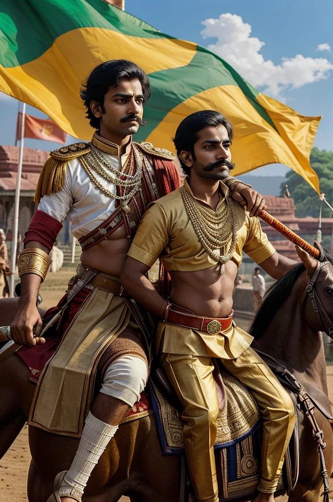 Ujjain Chakraborty Emperor Vikramaditya Meena was 20 years old and had a small mustache on a very handsome face.
Long sword in hand and riding on horse into battle
Saffron flag with a small fish insignia on it