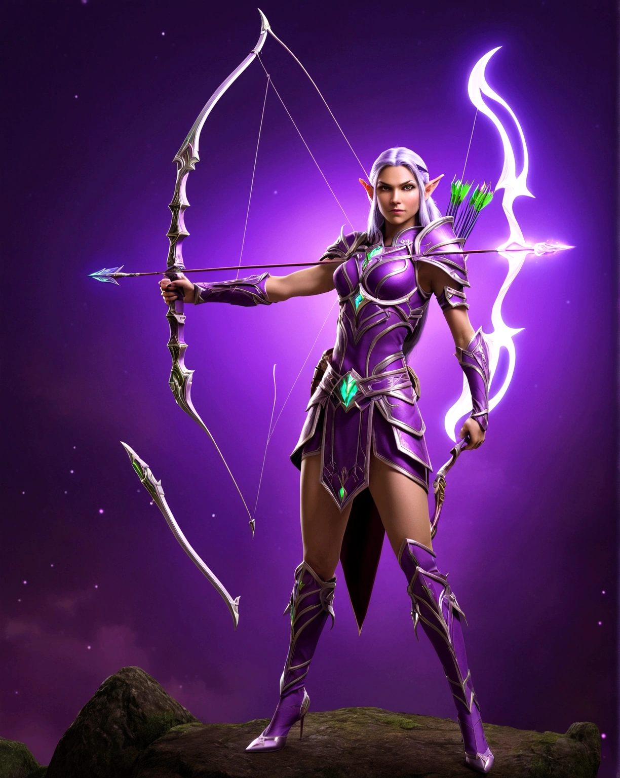 an elf archer lady master from World of Warcraft, body armor, purple suit, glowing suit, big mythical bow, mystical arrow,(accurate image 1.5) tall lady,heels, iconic archer stance, mystical aura background, super detailed, highres, translucent, fluorescent color
