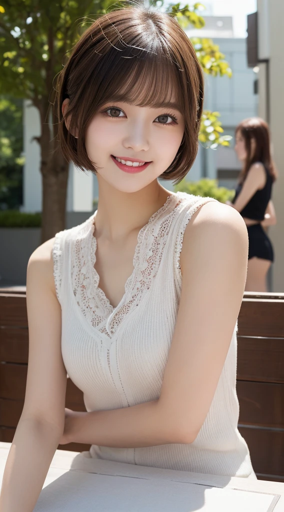 Tabletop, Highest quality, figure, Super detailed, Fine details, High resolution, 8k wallpaper, Perfect dynamic composition, Beautiful attention to detail, women summer,Short Bob Hair,Natural color lips,smile,Harajuku、20-year-old girl、cute