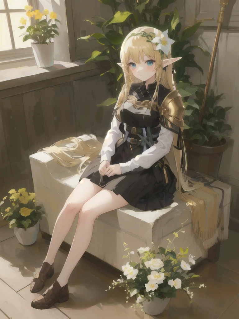 anime elf girl sitting on a bench with a flowers, in dress, cute anime waifu in a nice dress,, shot from about, blonde long hair