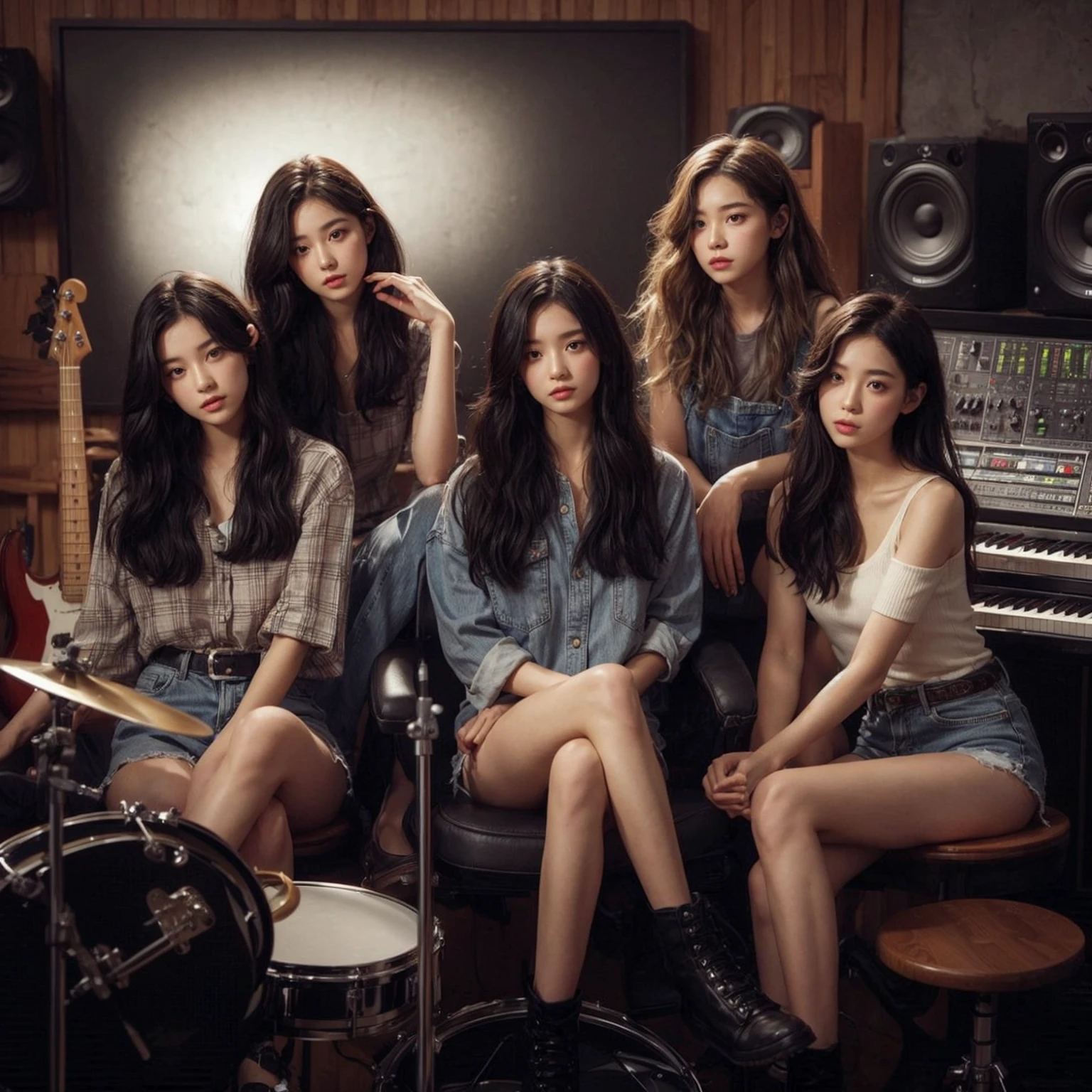 **Photo of 5 beautiful girls, aged 18 to 20, sitting:**
- **3 girls with messy black hair**
- **1 girl with wavy bob black hair**
- **1 girl with a black ponytail**
One girl is playing the drums, one girl is playing the piano, one girl is playing the bass guitar, one girl is playing the guitar, and one girl is singing. They are sitting behind a board with the word "ECHO" written on it. The background is a music studio, complete with drums, guitars, bass guitar, and piano. The image is ultra HD, 4k, photorealistic, raw, and a masterpiece.