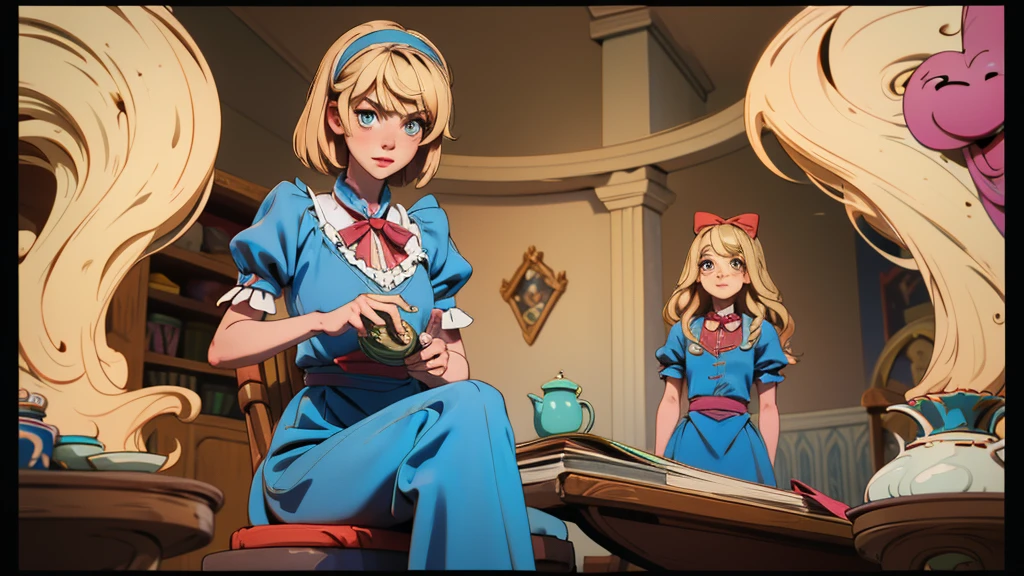 Make a thumbnail for YouTube of a video about Alice in Wonderland, make Alice blonde