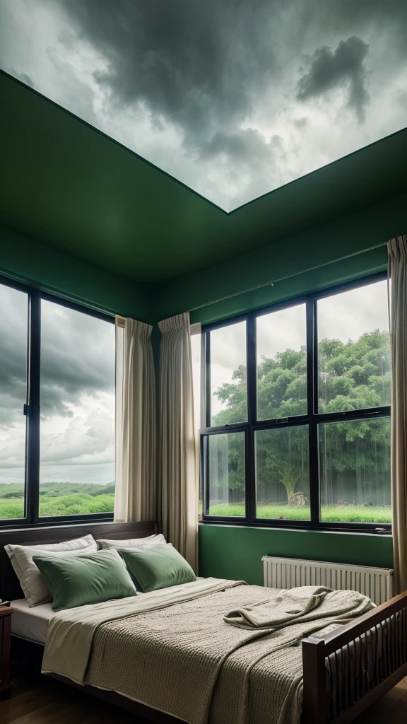 beautiful woodan sweet home in bed room big windows outside raining beautiful rainig dark weather clouds green nature 3d effact realstic image 10k.