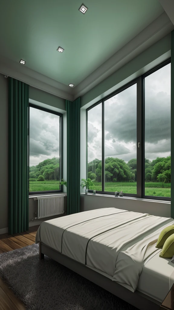 beautiful woodan sweet home in bed room big windows outside raining beautiful rainig dark weather clouds green nature 3d effact realstic image 10k.