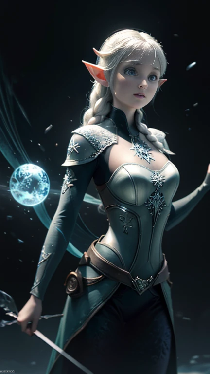 The beautiful female elf Arya , practicing control over your time management skills, question mark on space background, a hint of uncertainty about its predestined narrative, Will the secrets be unlocked over time??. disney pixar frozen 3d cartoon fonts letters watermark words typography slogans signature, bad hands, bad anatomy, blurred, bad eyes, mixed bodies, Unrealistic, strange, low quality, blurred