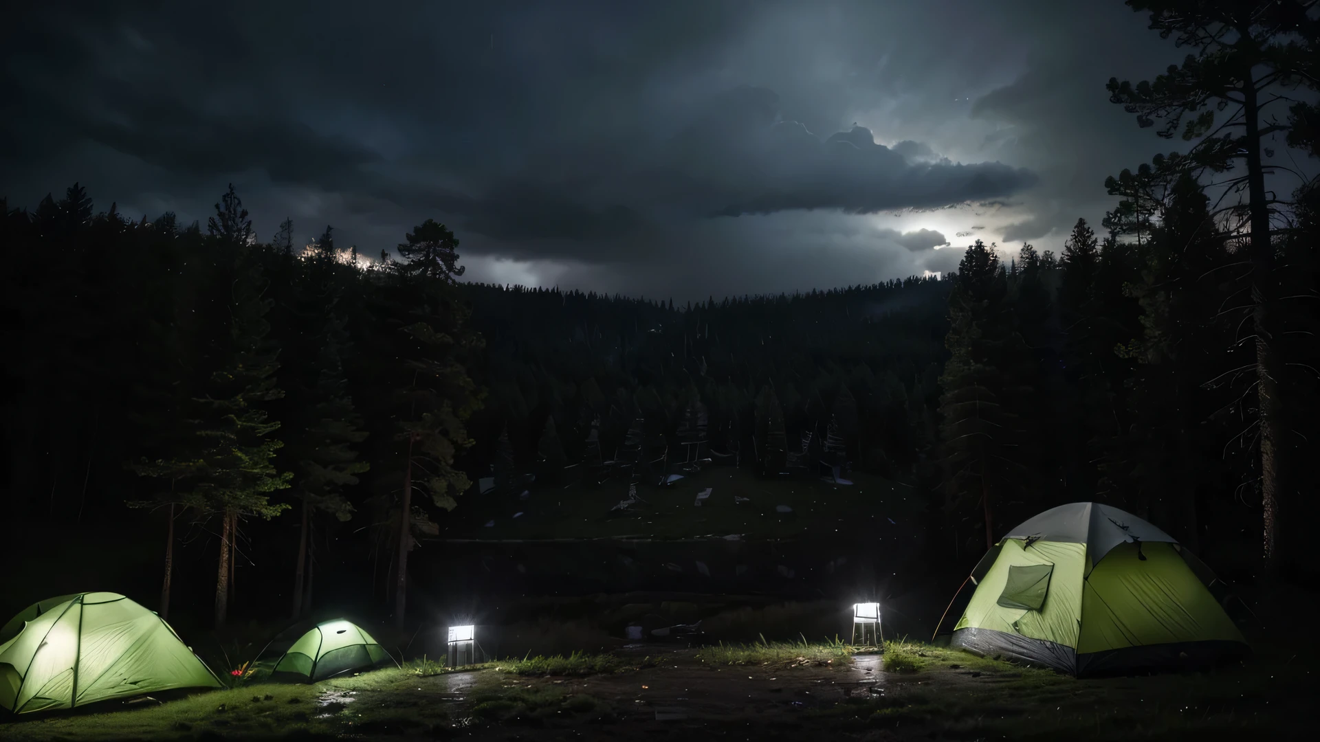 (masterpiece, 8K, UHD, photo-realistic:1.3), camping ground during heavy rain at night with cloudy sky, there are several camping tents with cloudy sky, in the middle of a dense pine forest during heavy rain at night with cloudy sky, the atmosphere is dark during heavy rain at night with cloudy sky