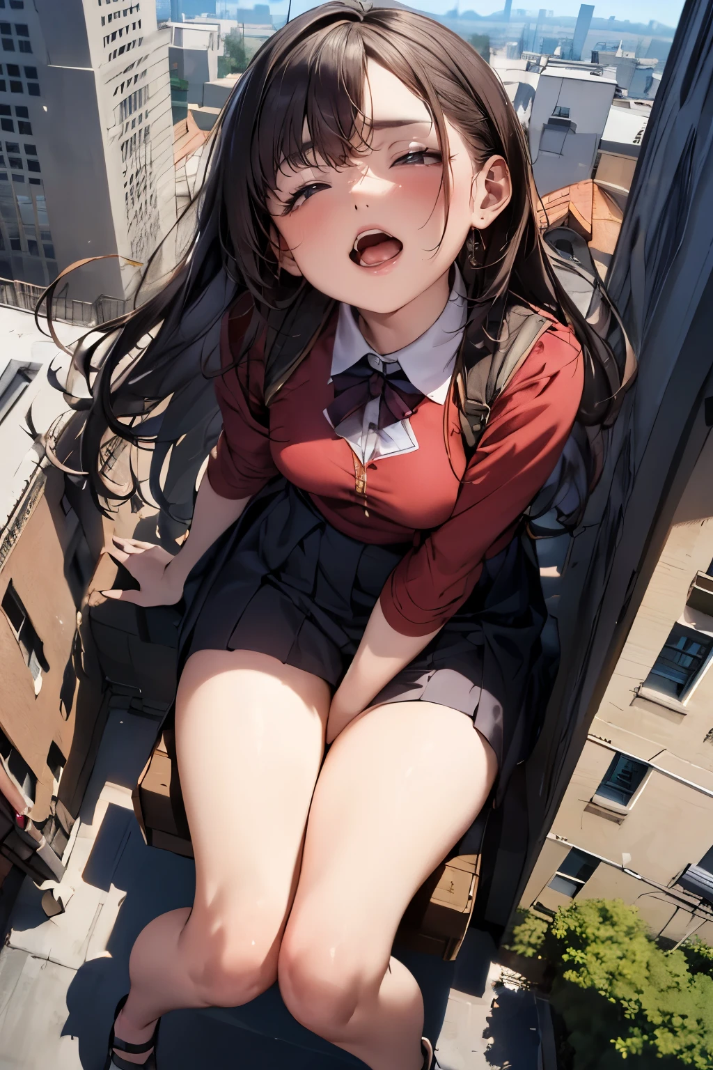 woman, detailed face, aerial angle, 100m tall, wearing skirt, round face, close eyes, open legs, spread pubic, city, (hit her crotch against the top of building for masturbation), people looking up her, 