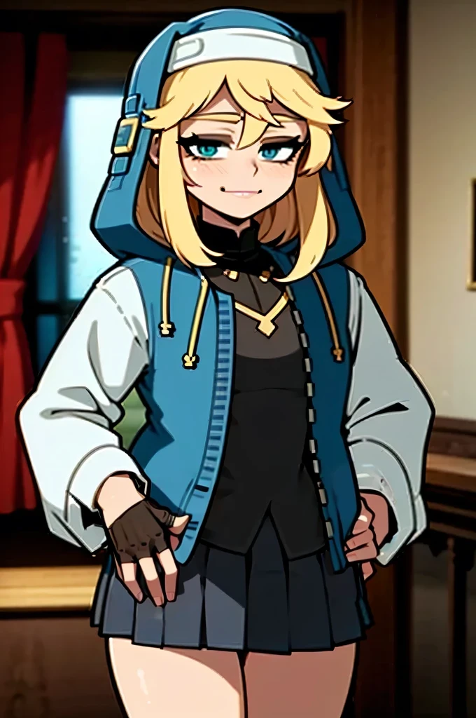masterpiece, best quality, highres, (illustration:1.4), (beautiful detailed eyes), BREAK ggsbridget, turquoise eyes, (hooded jacket, long sleeves, black gloves, fingerless gloves, skirt, bike shorts) cowboy shot, sexy pose, BREAK Hands on Hips, (finger pointing,) smirk, evil smile,closed mouth, mastrubation, orgasm,blush, embarrassed,full lips, bedroom,indoors,