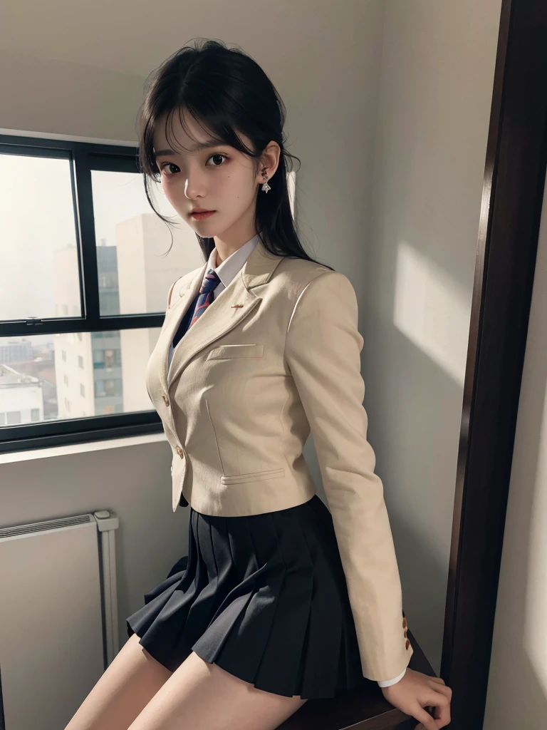 School_uniform, Skirt, Blazer, absurdres, RAW photo, extremely delicate and beautiful, masterpiece, Best Quality, ultra high resolution, 32k, hyperrealistic, ultra-detailed, in her 20s, delicate facial features, tearful mole, earring, medium breasts, full body shot, shorter middle hair, black hair,