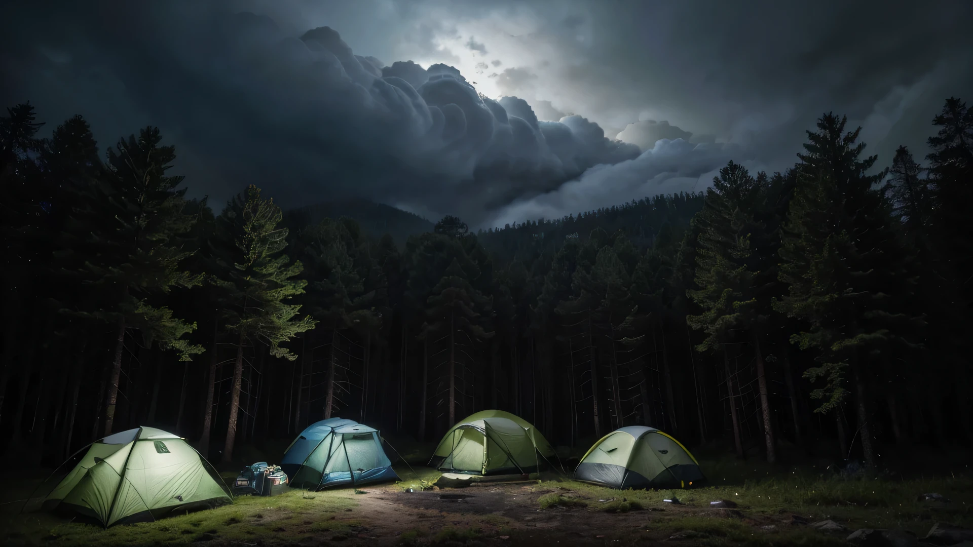 (masterpiece, 8K, UHD, photo-realistic:1.3), camping ground during heavy rain at night with cloudy sky, there are several camping tents with cloudy sky, in the middle of a dense pine forest during heavy rain at night with cloudy sky, the atmosphere is dark during heavy rain at night with cloudy sky