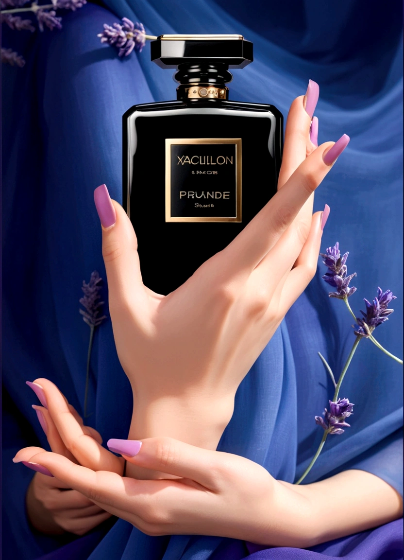 perfume in women's hands, lavender field in the background, and delicate fabric, beautiful perfume, aesthetic advertising