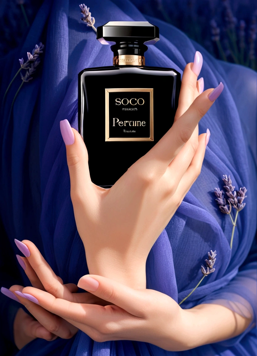 perfume in women's hands, lavender field in the background, and delicate fabric, beautiful perfume, aesthetic advertising