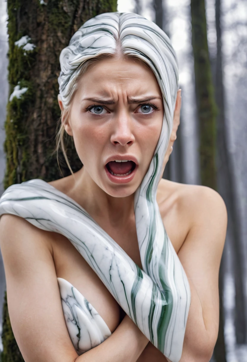 (beautiful screaming nude woman), (eyes open), (terrified expression), (((frightened expression))), (((startled expression))), (((crying))), (((shouting))), (marble face), (face made of marble), (face turning into marble), (head made of marble), (body turning to marble), (body made of marble), (marble body), (skin becoming marble), (face turning to marble), (head turning to marble), (arms turning to marble), (hands turning to marble), (marble hands), (marble fingers), (skin made of marble), (marble skin), (hair made of marble), (ASFR), (turning into marble), (becoming marble), (winter forest background), (defensive posture), ((((half made of marble, half made of flesh)))), side profile
