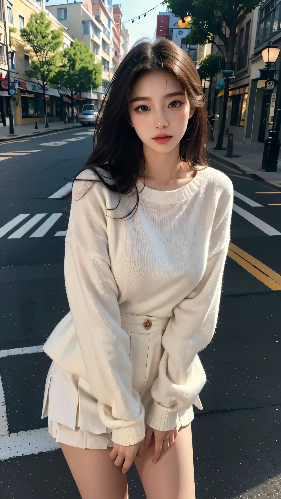 (best quality,16,000,high resolution,masterpiece:1.2),very detailed,(realistic,realistic,realistic:1.37),Korean Fashion Beauty,Japanese and Korean beauties,Cute and innocent,Eyes and face are detailed,beautiful and delicate lips,white teeth,long eyelashes,slime,The clothes are fashionable,shorts short skirts,plump upper circumference,big bust,split,(Beloved,attractive:1.1),colorful street background,stylish clothes and accessories,The texture of the clothes is soft,portrait style photography,vivid colors,Street lamp.y pose