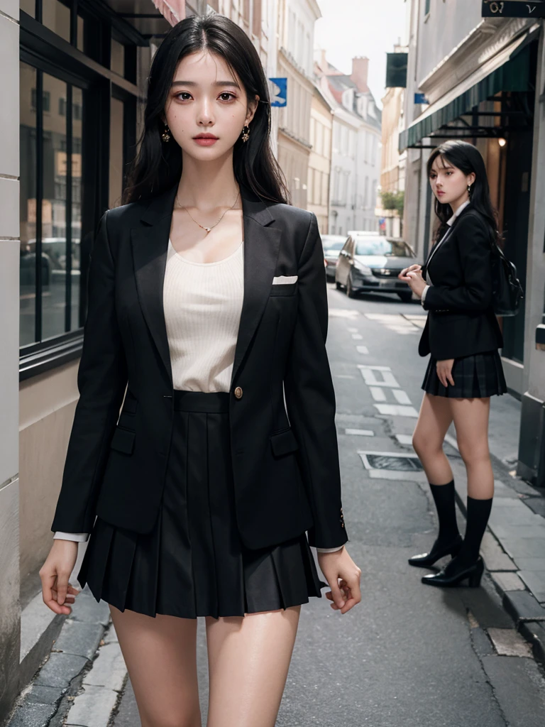 absurdres, RAW photo, extremely delicate and beautiful, masterpiece, Best Quality, ultra high resolution, 32k, hyperrealistic, ultra-detailed, in her 20s, delicate facial features, tearful mole, earring, medium breasts, full body shot, shorter middle hair, black hair, School_uniform, Skirt, Blazer, 