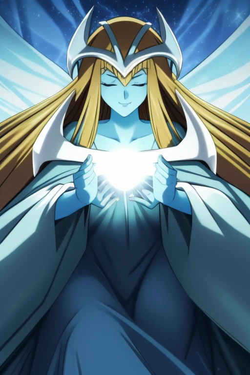 mysticalygo, mystical elf, smile, eyes closed, white dress, overly long skirt, blue skin, cloak, white cape, long robe, blonde hair, long hair, Yugioh, overly long sleeves, no hands, bed, bedroom, on side, Dutch angles, hands placed on her cape 