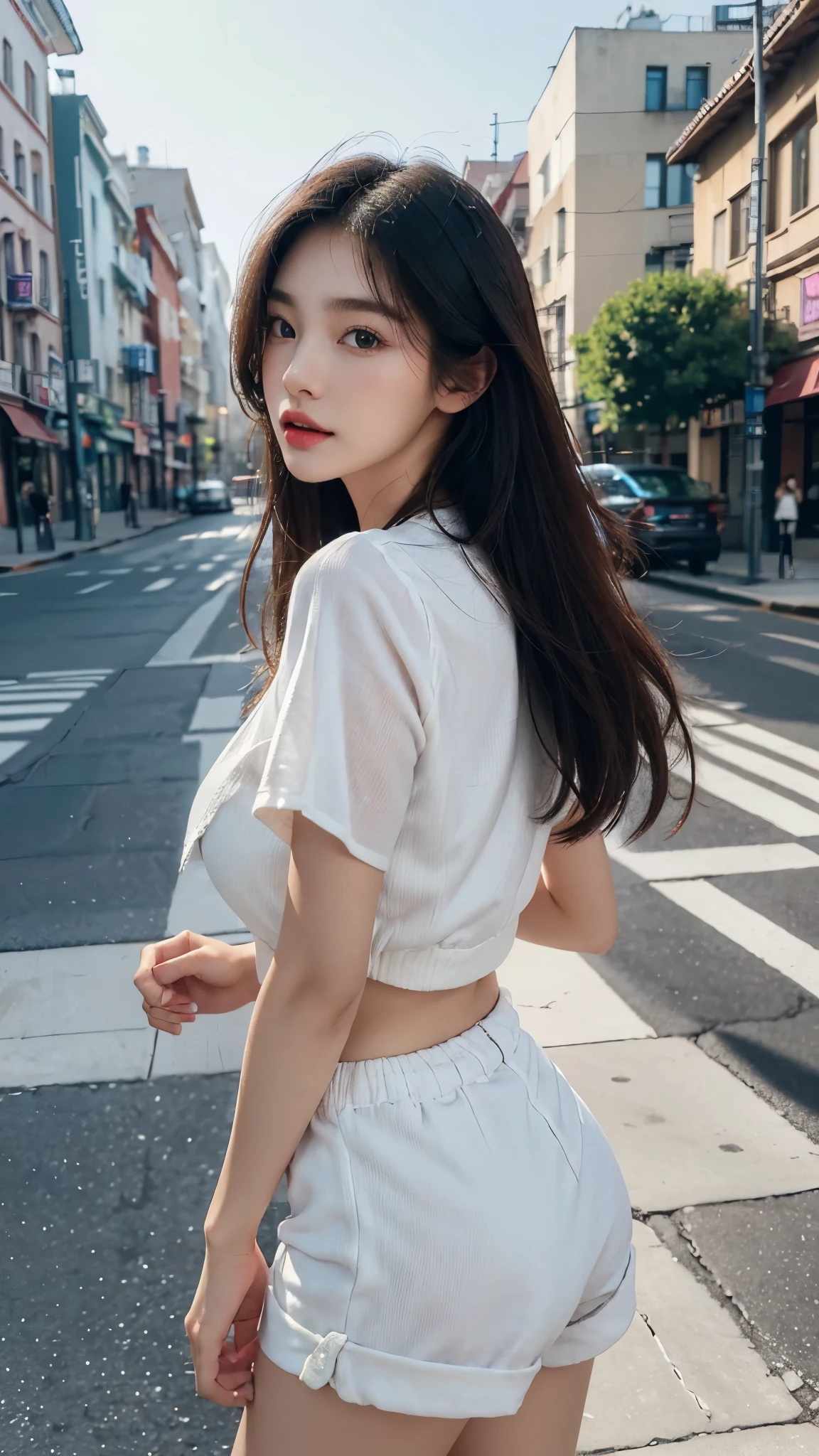 (best quality,16,000,high resolution,masterpiece:1.2),very detailed,(realistic,realistic,realistic:1.37),Korean Fashion Beauty,Japanese and Korean beauties,Cute and innocent,Eyes and face are detailed,beautiful and delicate lips,white teeth,long eyelashes,slime,The clothes are fashionable,shorts short skirts,plump upper circumference,big bust,split,(Beloved,attractive:1.1),colorful street background,stylish clothes and accessories,The texture of the clothes is soft,portrait style photography,vivid colors,Street lamp.sexy pose