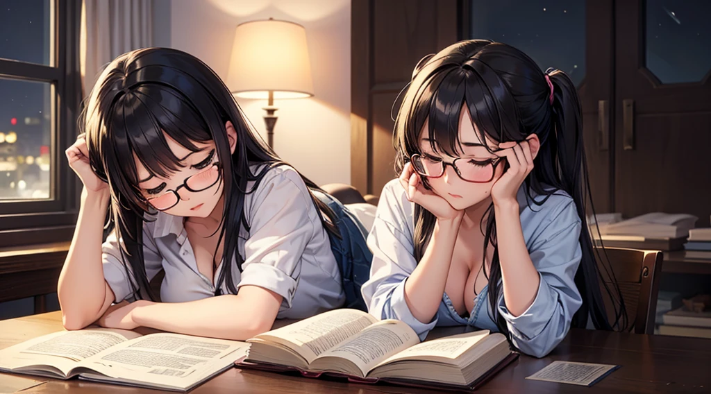 Falling asleep face down while studying at night、A cute girl wearing glasses that accentuate her breasts a little