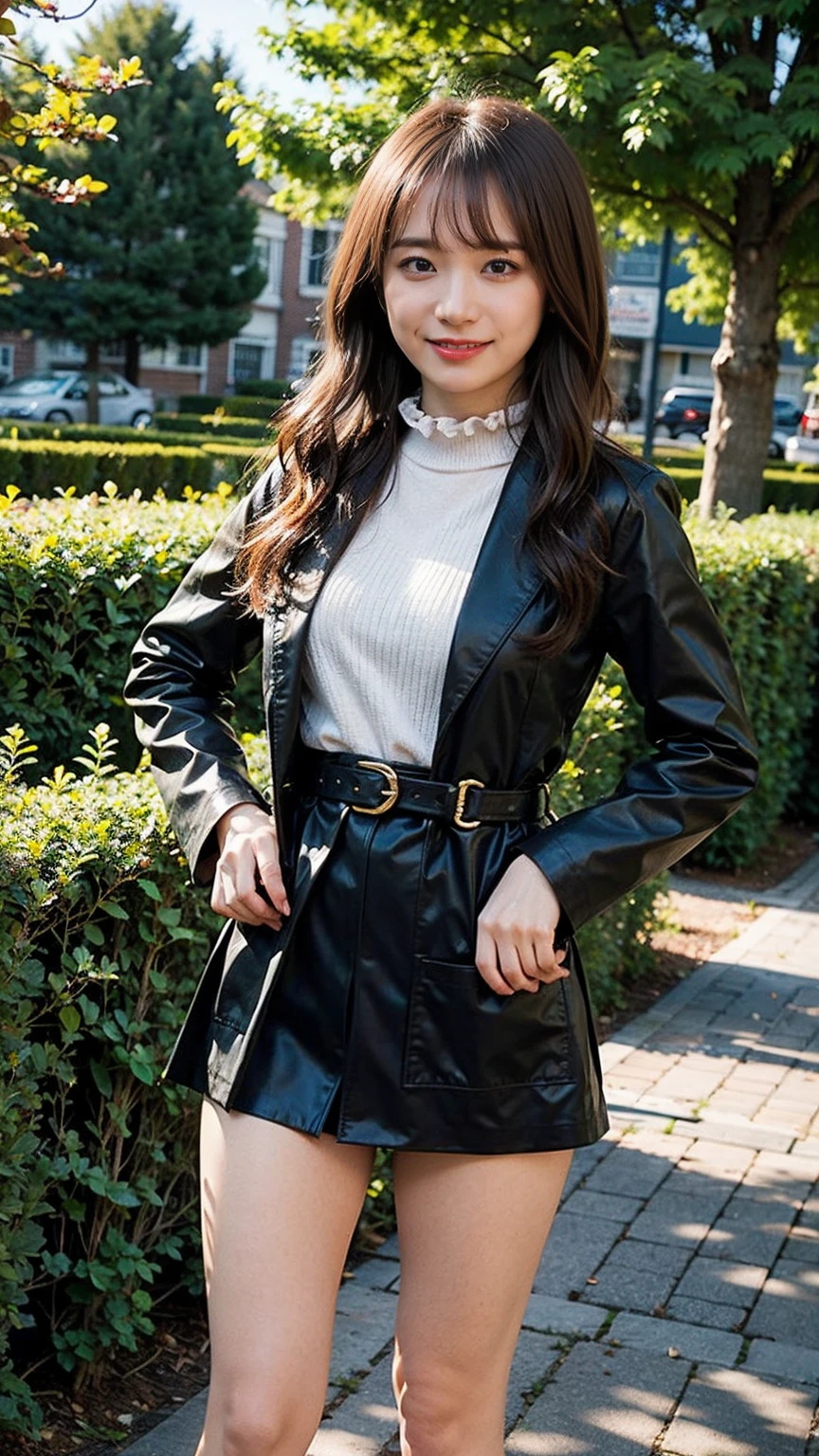 (8K、RAW Photos、Highest quality、masterpiece:1.2)、(Realistic、Realistic)、1 Girl、((Black coat、mini skirt、smile、Frills、one piece、whole body、See-through、boots、chest emphasis、whole body、garden、View from the front、Looking into the camera、belt、Stand with hands on hips))、
