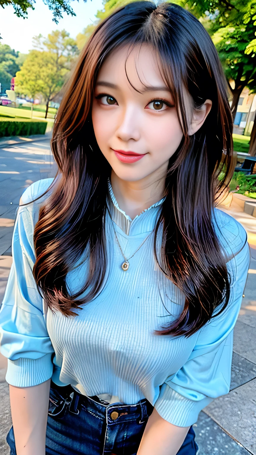 seed:4195271995,((Full Body Angle:1.1)),((Highest quality, 8K, masterpiece: 1.3)), concentrated: 1.2,Front hair:1.3, Cute girl 1,Nipples erect、 Perfect beauty: 1.4,Colorful ribbed knit half-zip T-shirt、Shorts,: 1.2,Randall Color、comics&Text Graphics、Black,1.1, Highly detailed face and skin textures, Fine grain, double eyelid, whitening skin, ,Highest quality,Ultra-high resolution,you,1 girl,alone,_Shiny_skin,Iris,necklace,((brown_length_Wavy_hair)),(lips)),eyelash,Front hair,deal with,compensate,Shiny,pore,skin big breasts、(smiling face)、Front hair、Walking in the park、walk