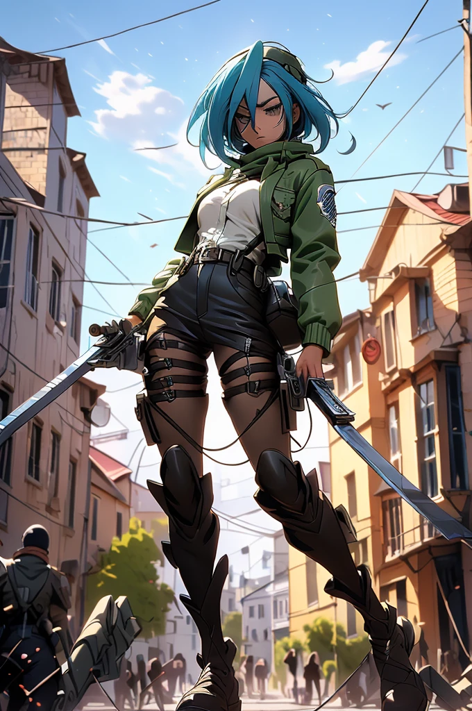 ((Jinx)) The image is of an anime girl with blue hair, wearing a green and black jacket and a black and white shirt, holding a gun and standing in front of a colorful background with a sign that says \"XYZ\".  The image is of an anime girl with blue hair, wearing a green and black jacket and a black and white shirt, holding a gun and standing in front of a colorful background with a sign that says \"XYZ\".