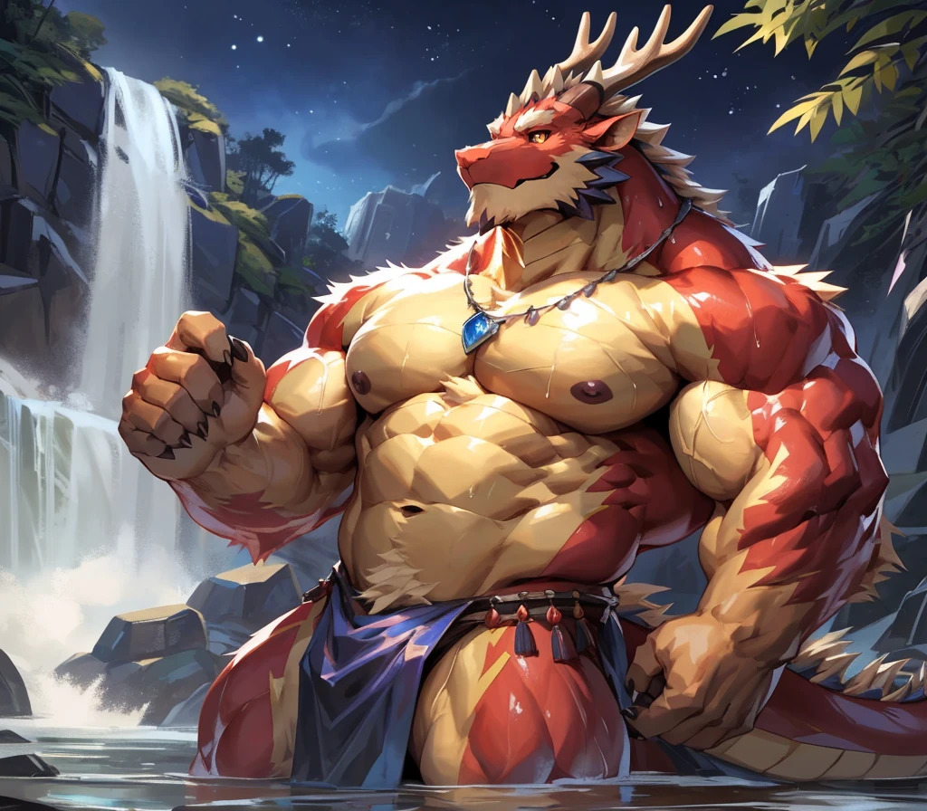 ((best quality)), ((masterpiece)), (ultra detailed),perfect face,antro oriental dragon:2.5, male , (((chinese dragon))):2.5, (((eastern dragon))):2.5,((yellow body)), (strong beefy muscular body), (abs, strongmuscles, 8 pack), furry, handsome,Beautiful and delicate eyes, (ultra detailed eyes, (mauve color):0.2 eyes, sharp eyes), night, detailed scene,full body, shirtless, topless, pink nipples, (by null-ghost,by traver009,by lindong,by pino daeni), (full body), wearing random pattern necklace, claws, ((fluffy fur, fluffy, furry body)), majestic, (a pair of dragon antler), upper body naked, muscular male, (loincloth, with purple pattern :0.8), big fellow, huge body, handsome,handsome, majestic, barbarous, anime, hairy, male, by the waterfall, bathing, full body view, sweating:1.8