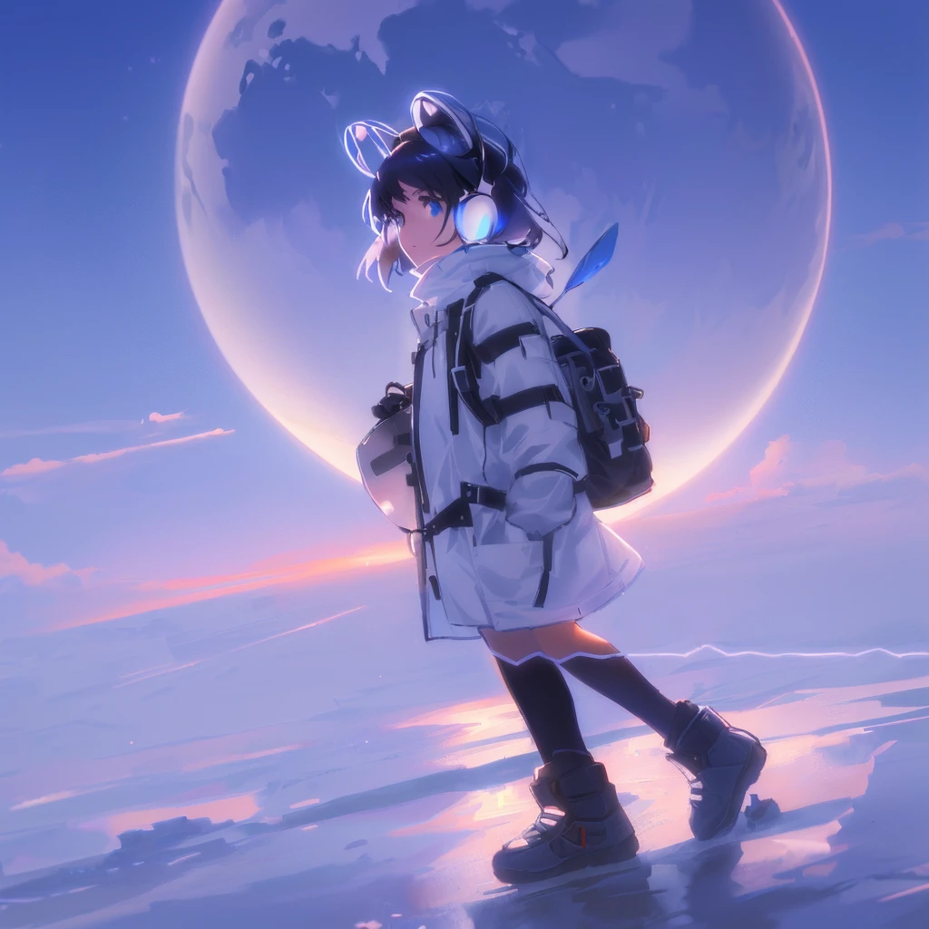 Standing on a rock with a backpack、Anime girl looking at the moon, Makoto Shinkai Cyril Rolland, ( ( makoto shinkai ) ), Gweiz-style artwork, makoto shinkai. —h 2160, makoto shinkai!, makoto shinkai ( Apex Legends ), mokoto shinkai, Makoto Shinkai style