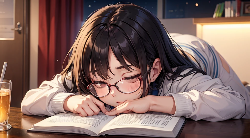 Falling asleep face down while studying at night、A cute girl wearing glasses that accentuate her breasts a little