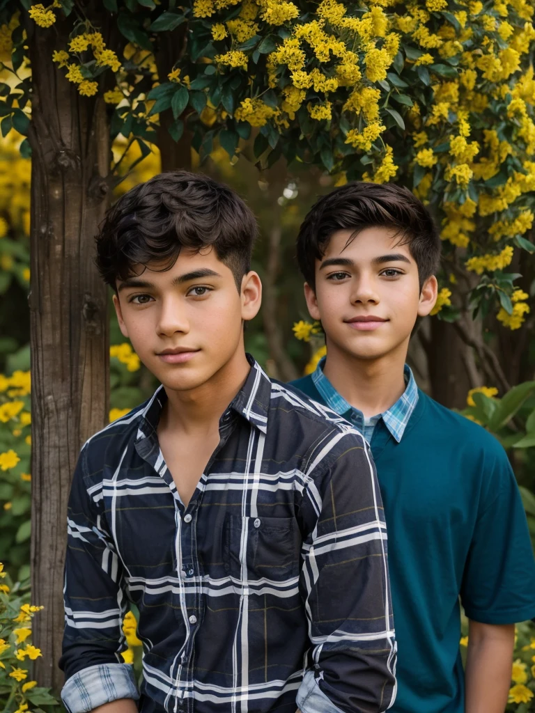 The image shows a young man and a young boy posing for a photo. The young man is wearing a striped shirt and has a beard, while the young boy is wearing a plaid shirt and has dark hair. They are standing in front of a vibrant yellow flower bush.