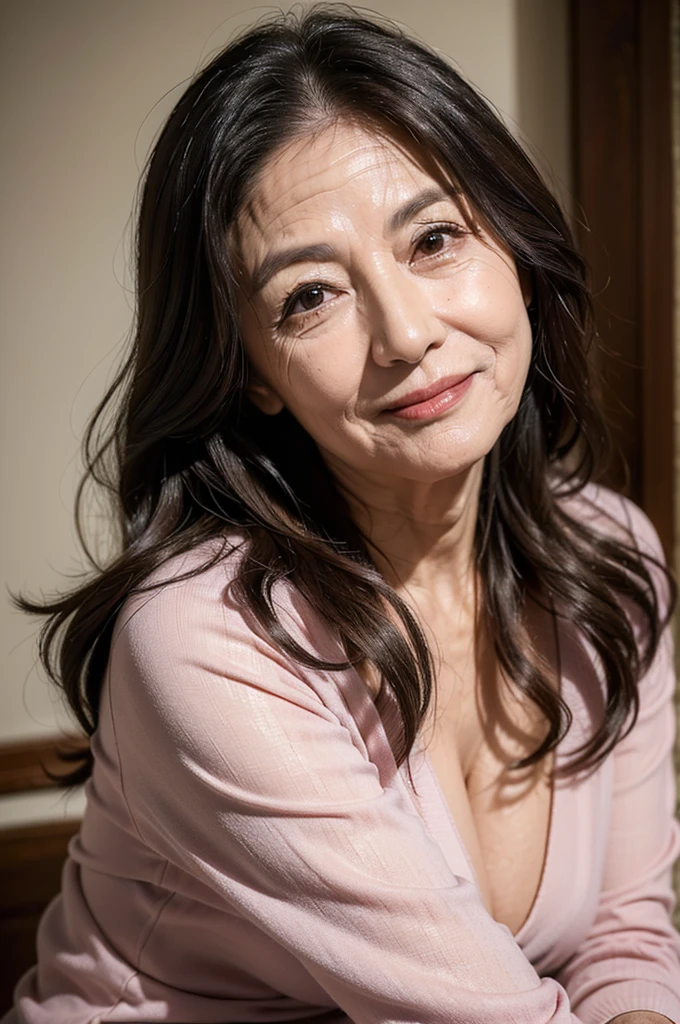(Masterpiece:1.4),(67-year-old woman:1.4),(Wrinkles on the face1.2),smile,long wave hair,