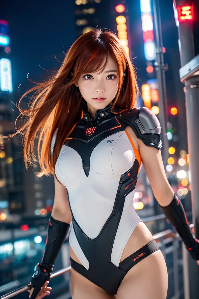 (SFW), Intricate details, One girl, night, (Bright neon colors), ((Flying over a futuristic cyberpunk city)), Detailed Background, (Petiteなサイボーグ少女, ((Cute perfect face, Bright red eyes)), (Perfect Anatomy, Petite), (Extremely long orange and white gradient hair, Hair blowing in the wind)), Detailed slip, Pauldrons, Cybernetic limbs, Dynamic Angle, 