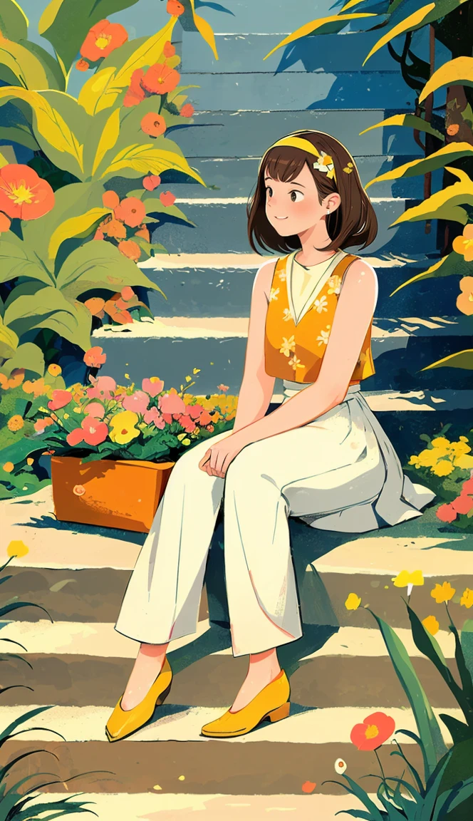 1 girl, solo, stairs, long hair, brown hair, plant, shirt, bird, sleeveless shirt, yellow footwear, sleeveless, sitting, white trousers, skirt, flower, smile, white skirt, orange footwear, leaves, black eyes, wide shot, shoe, pink flower, trousers, blush, hairband, yellow shirt, fringes, sitting on stairs, yellow flower, tree, steps, tree shadow, flower