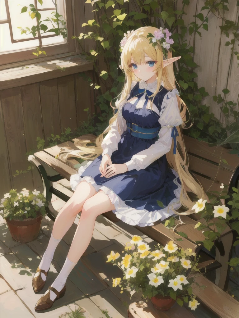 anime elf girl sitting on a bench with a flowers, in dress, cute anime waifu in a nice dress,, shot from about, blonde long hair