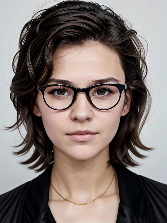 (masterpiece, Best quality:1.2), 1 tomboy girl 16 years old, One, Russian girl in glasses with aesthetic small breasts with beautiful erect pale pink nipples, round face, round cheeks, small round chin, beautiful proportional small wide nose, Plump lips, closed mouth, expressive brown eyes, Long eyelashes, glasses with lenses, a little crazy look, sparkle in the eyes, spiky tousled dark brown tousled slightly wavy medium length shoulder length hair, Plain Cotton Men&#39;s Racerback Tank Top, absolutely no bra, upper body photo portrait, high quality human skin textures, Beautiful face, Ideal Anatomy, realistic textures, realistic glasses, image distortion through glasses lenses, medium shot 