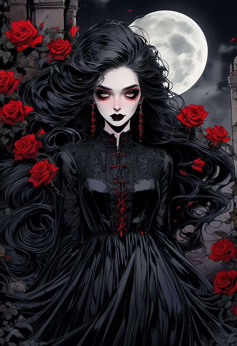 (Highest quality,4K,8K,High resolution,masterpiece:1.2),Super detailed,(Realistic,photoRealistic,photo-Realistic:1.37),Dark and mysterious,Detailed black clothing,Gothic Makeup,Black lipstick,Pale skin,Smokey Eye,Long black hair,Sharp Fangs,Red eyes,Vampire-like appearance,Expressive and sharp gaze,Earrings and ear piercings,Standing in a moonlit garden surrounded by roses,Spooky and eerie atmosphere,Cast long shadows,The faint moonlight illuminates her face,Creates a dramatic and striking effect.Hair dancing in the wind